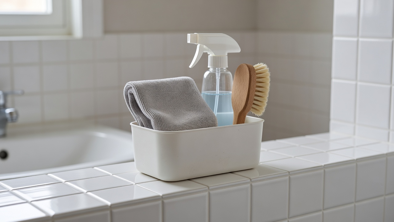 Small cleaning caddy with a cloth, spray bottle and brush sitting on a tiled bathroom shelf