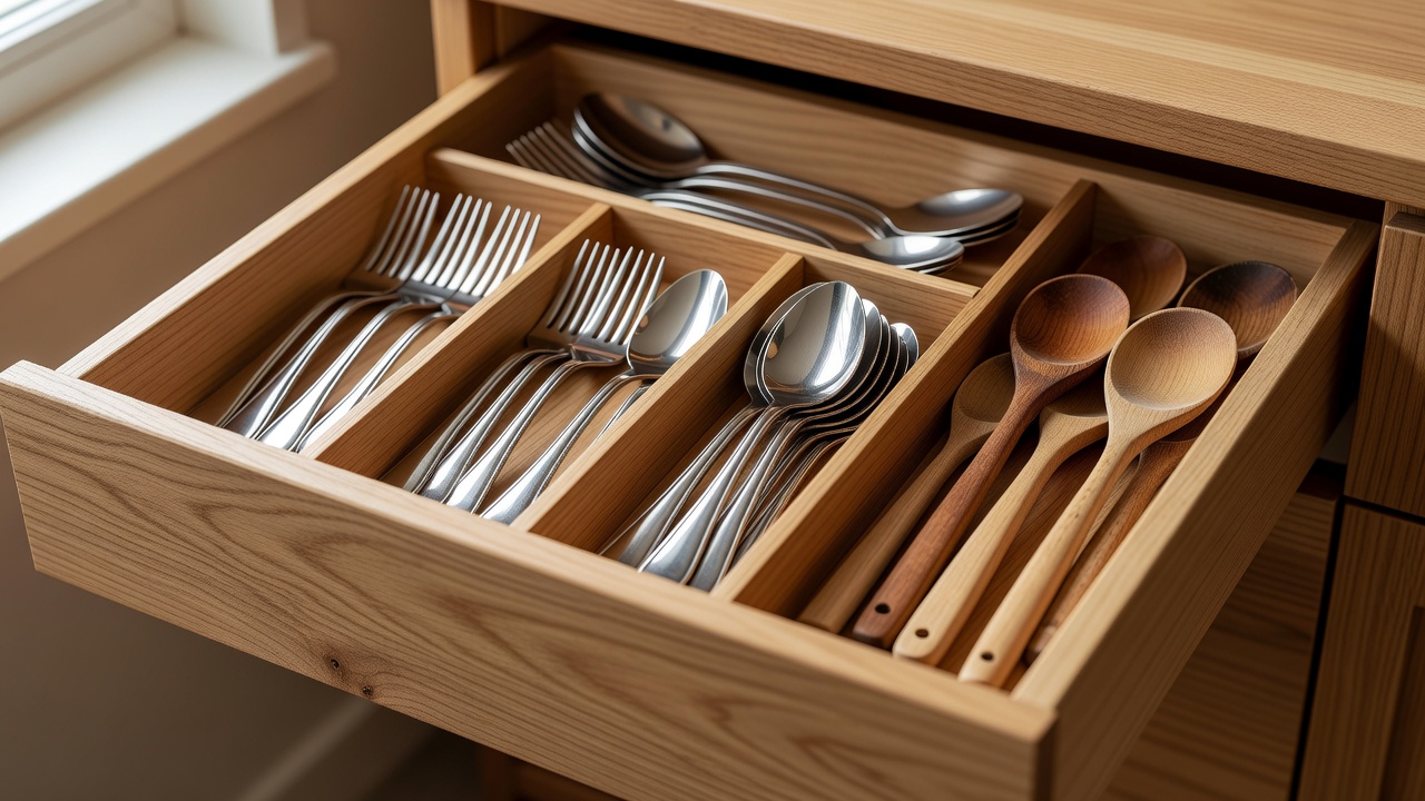 Open kitchen drawer with wooden dividers holding everyday cutlery and a few wooden spoons