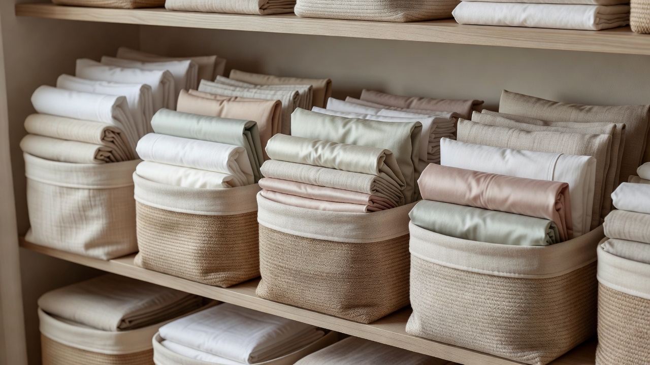 Folded sheets and pillowcases grouped by bed size in open fabric baskets on a linen shelf