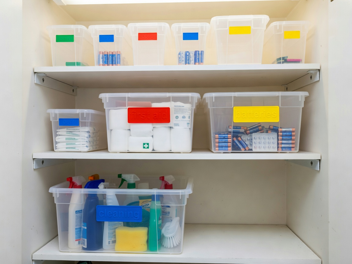 Plastic bins on utility cupboard shelves labelled first aid, batteries and cleaning, with contents visible