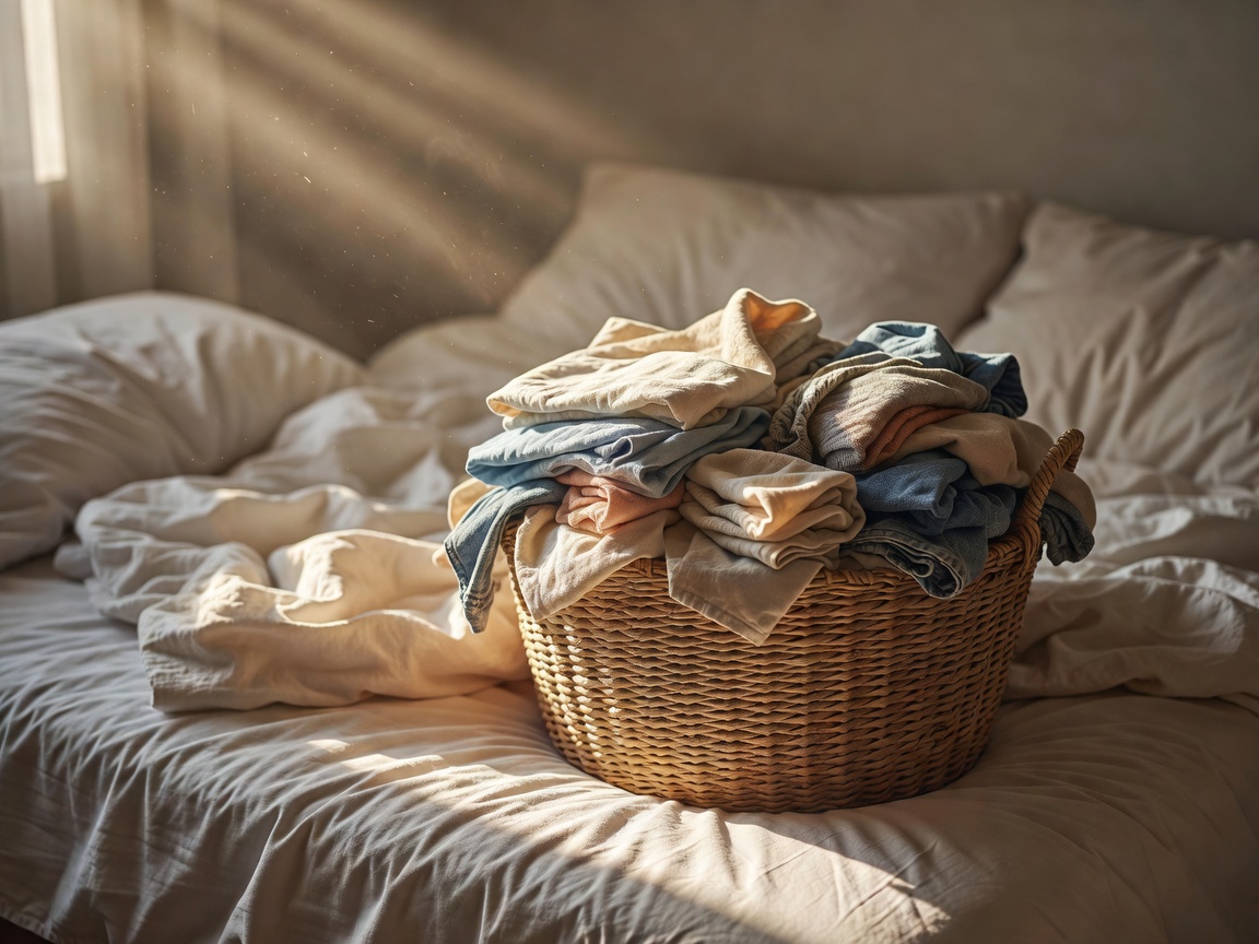 Woven laundry basket of half-folded clothes on an unmade bed with morning light