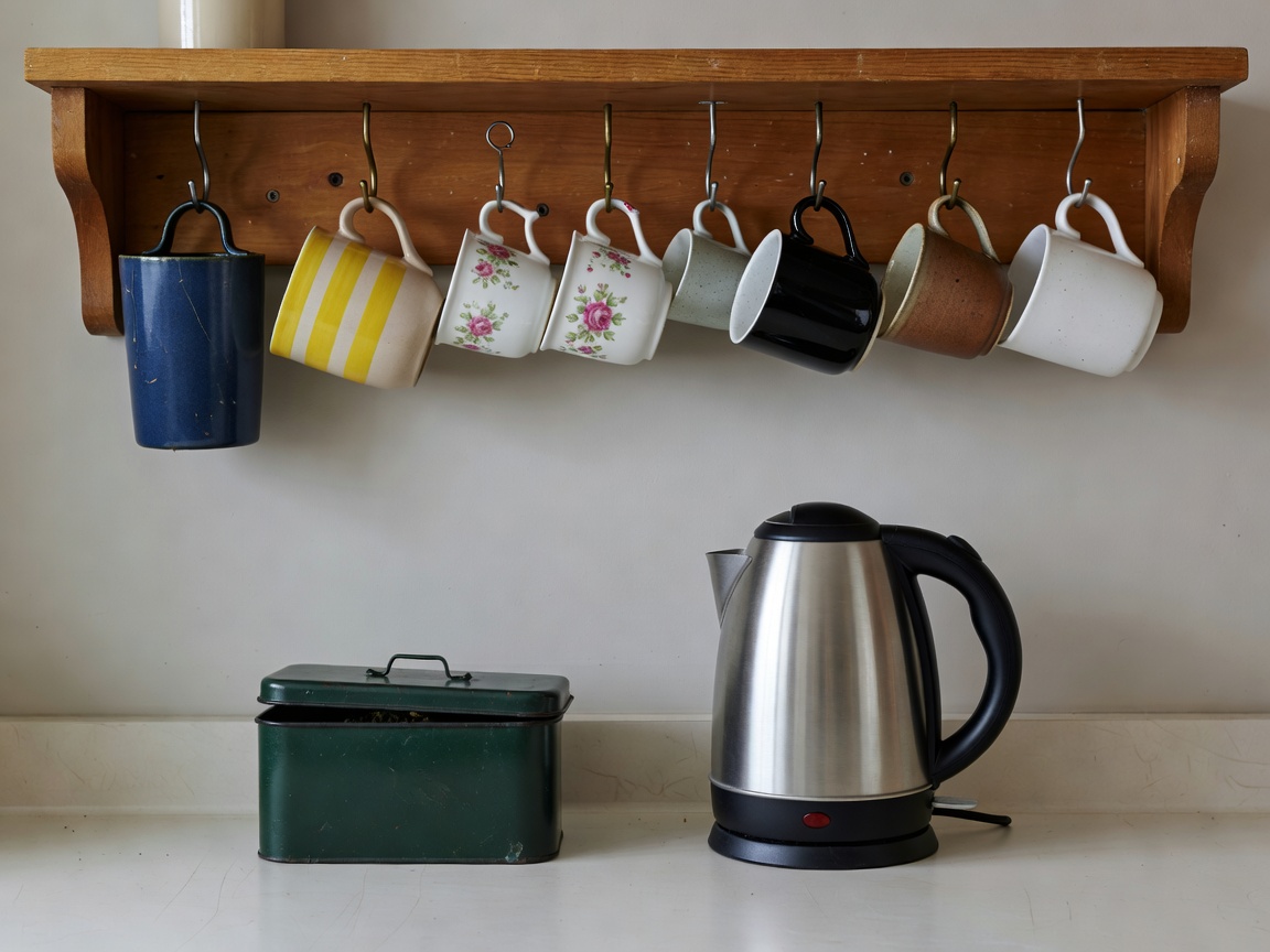 Mismatched mugs hanging on under-shelf hooks directly above an electric kettle and tea caddy