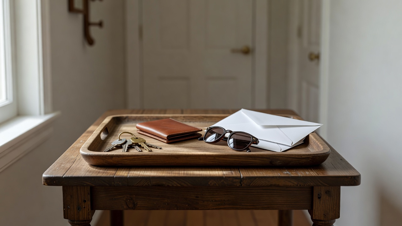 Wooden tray on a hallway table holding keys, a wallet, sunglasses and two letters