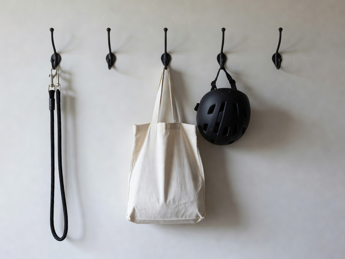 Row of black metal hooks holding a dog lead, a canvas shopping bag and a cycling helmet