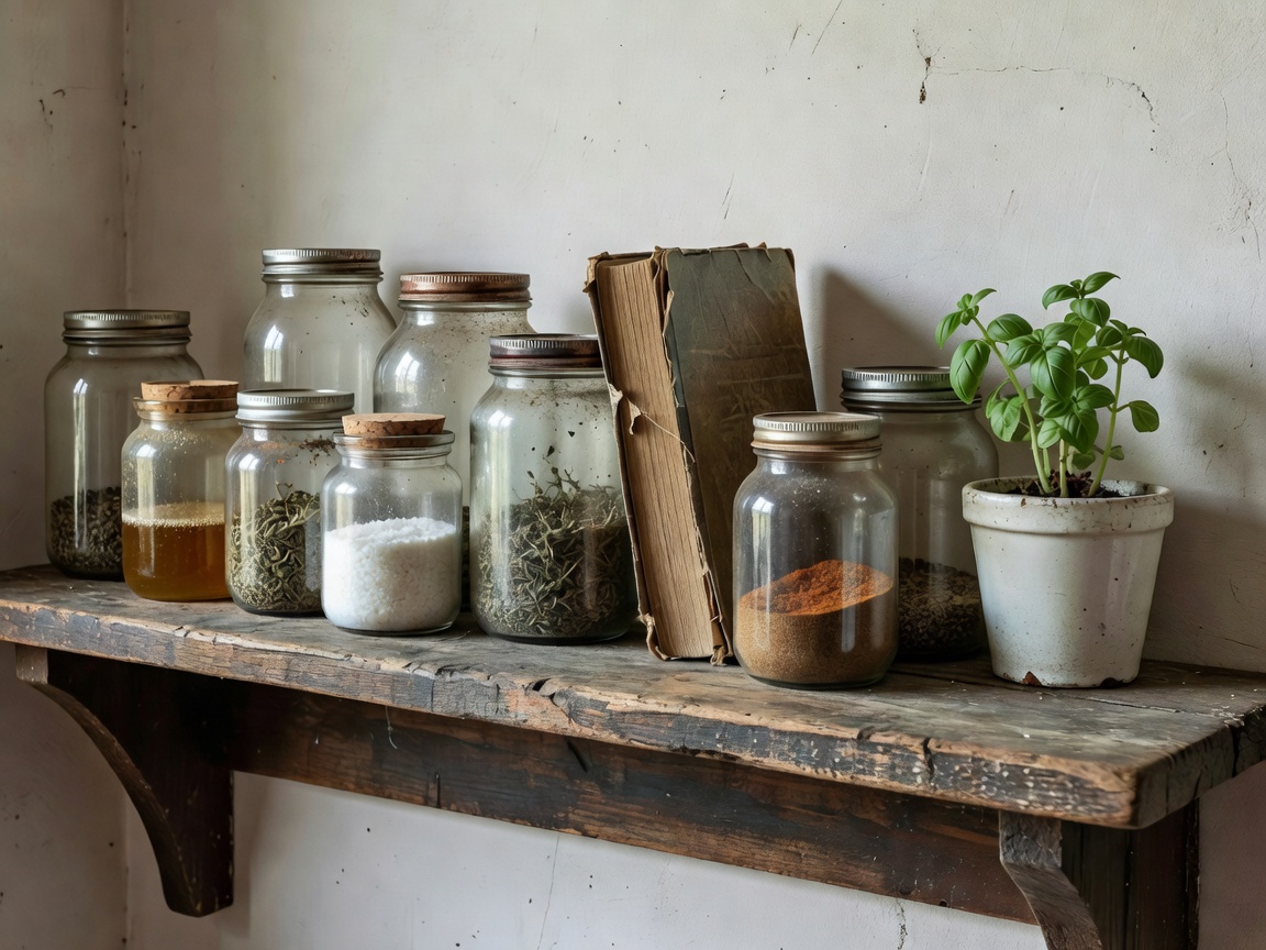 Worn wooden kitchen shelf holding mismatched jars, a cookbook and a small plant